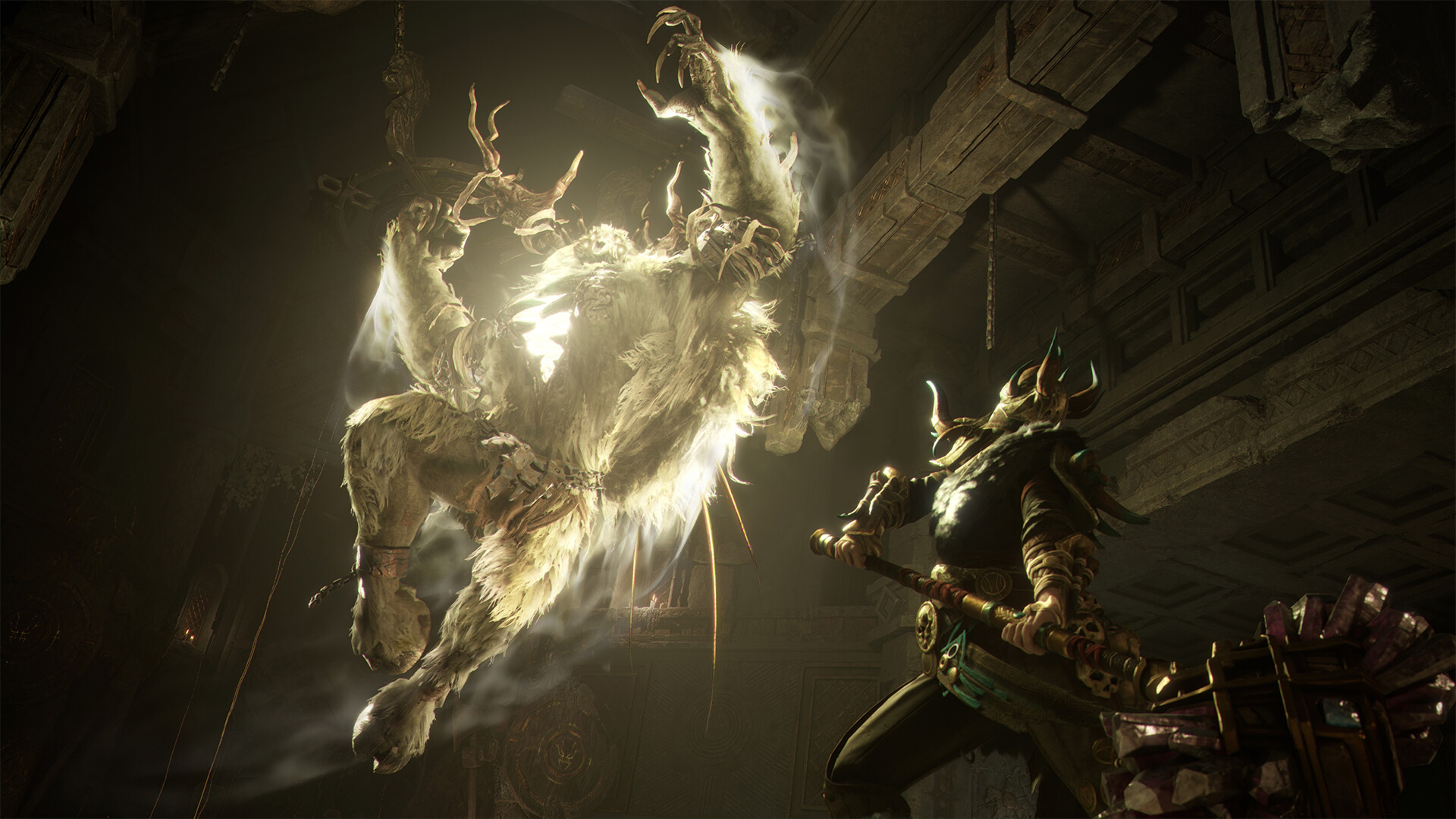 A Mistfall Hunter character confronting a luminous creature in an official Steam Store screenshot.