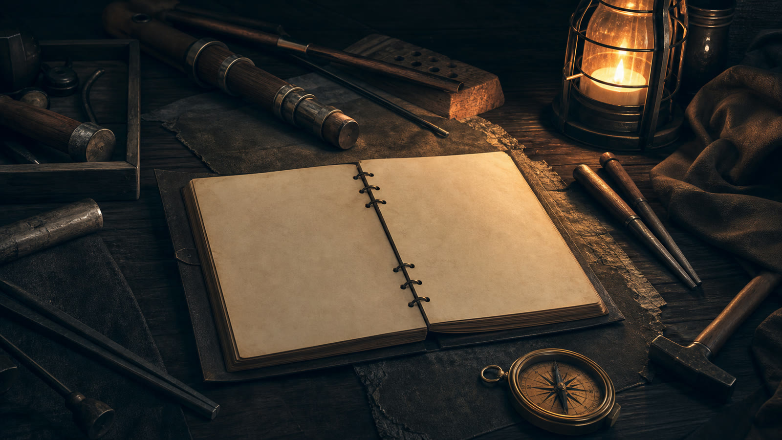 An original blank notebook and generic workshop tools illustration; it is not Mistfall Hunter weapon art or gameplay.