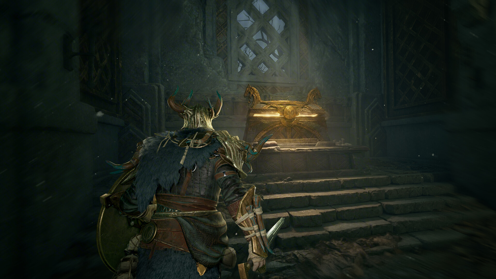 A Mistfall Hunter character approaching a glowing chest in an official Steam Store screenshot.
