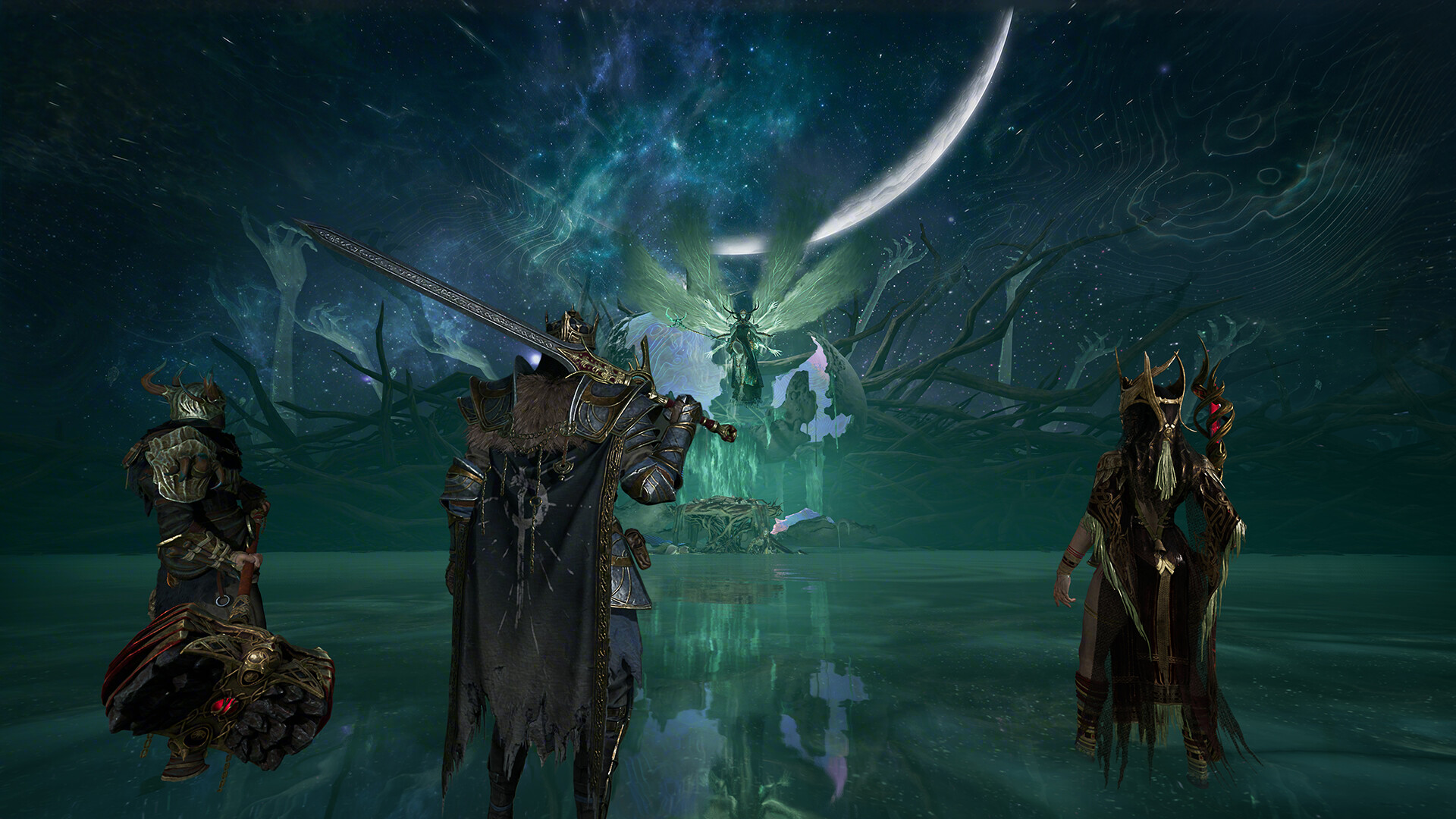 Three Mistfall Hunter characters facing a glowing figure in an official Steam Store screenshot.
