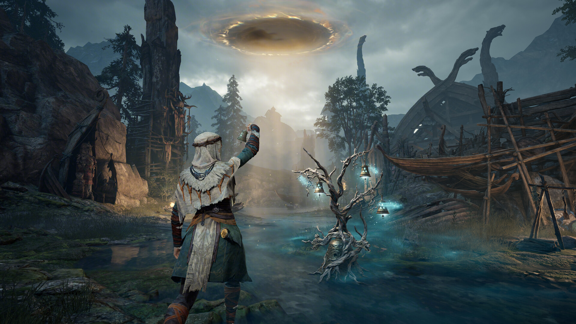 A lone Mistfall Hunter character approaching a settlement beneath a glowing sky in an official Steam Store screenshot.
